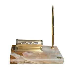 Vintage Brass Perpetual Calendar and Pen Holder on Onyx Base